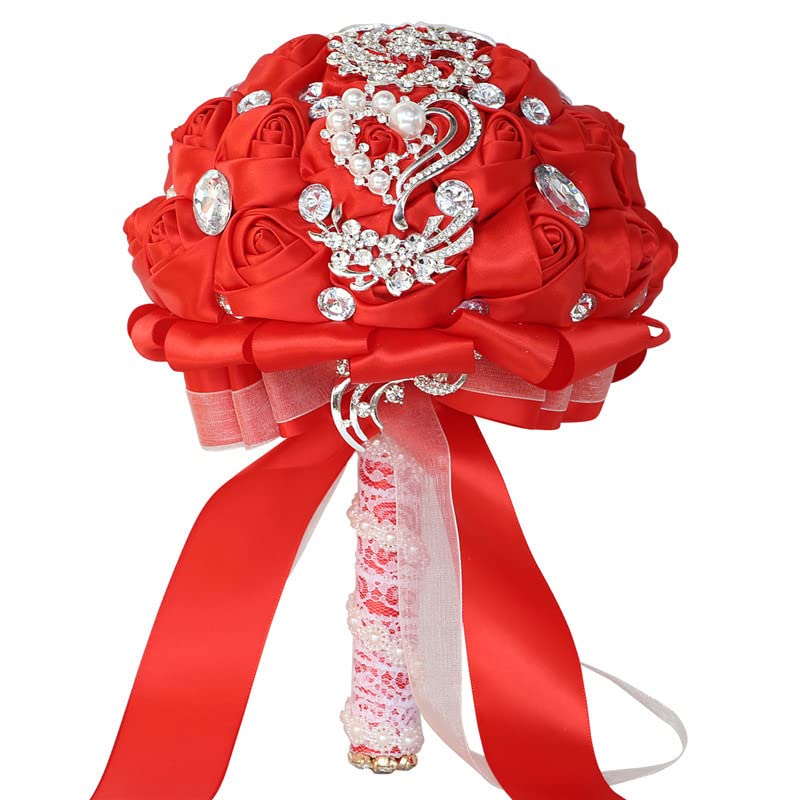 Flonding Wedding Bouquets Crystal Satin Rose Bride Bridal Bouquet Romantic Bridesmaid Holding Flower for Valentine's Day Confession Party Church Decor (Red) - Image 3